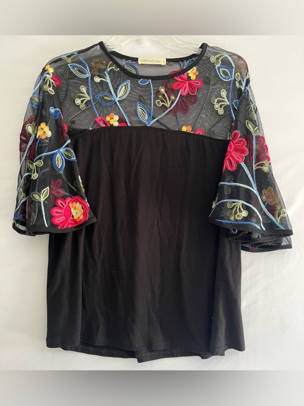 Pebble and Stone Boho Floral Mesh Embroidered Bell Sleeve Top